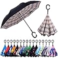 Wxjiahetai Inverted Reverse Umbrella with C-shaped Handle Windproof Upside Down Umbrellas for Rain Double Layer Hands Free Umbrella for Women and Men (Yellow Plaid)