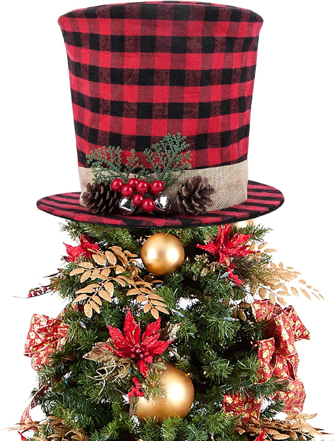 Tree Toppers - codree Christmas Tree Topper Top Hat - Red and Black Buffalo Plaid Top Hat with Pinecone Berry Bell-Christmas Tree Topper Fabric Top Hat for Winter Holiday Xmas Tree Decor