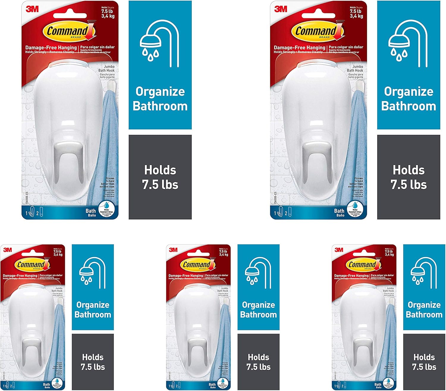 Command Bathroom Hook with WaterResistant Strips, 1Hook, 2Strip