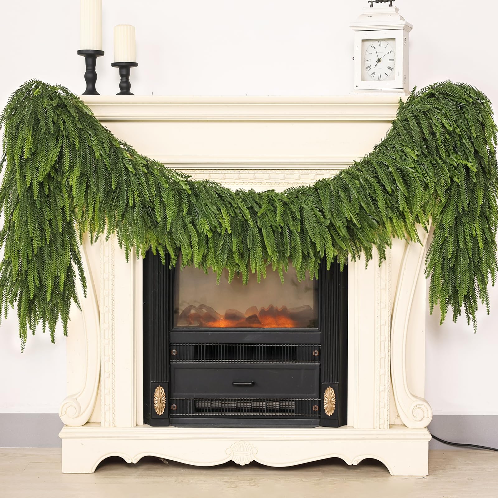 Photo 1 of 9FT Christmas Norfolk Pine Garland -2PCS, Artificial Pine Needles Garlands Faux Greenery Fake Garland for Holiday Fireplace,Table,Window,Stairs,Mante,Indoor Outdoor Decor