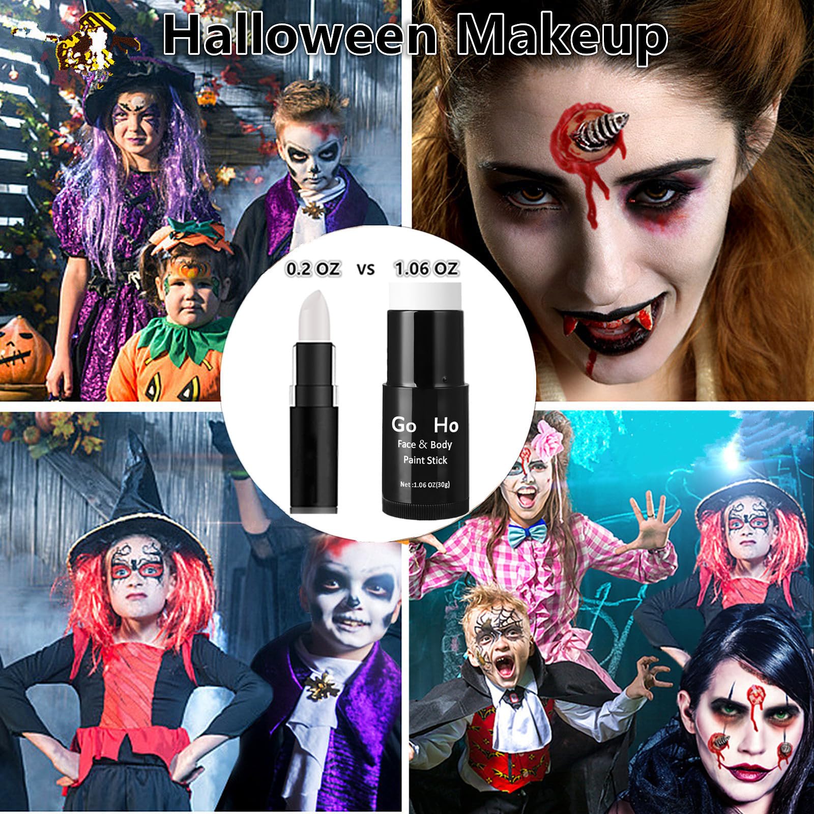Go Ho Cream-Blendable Clown White Face Paint Stick,Full-coverage Waterproof Face Body Paint for Halloween Cosplay Jokester Zombie Vampire Skeleton Clown SFX Makeup,White Eye Black Stick