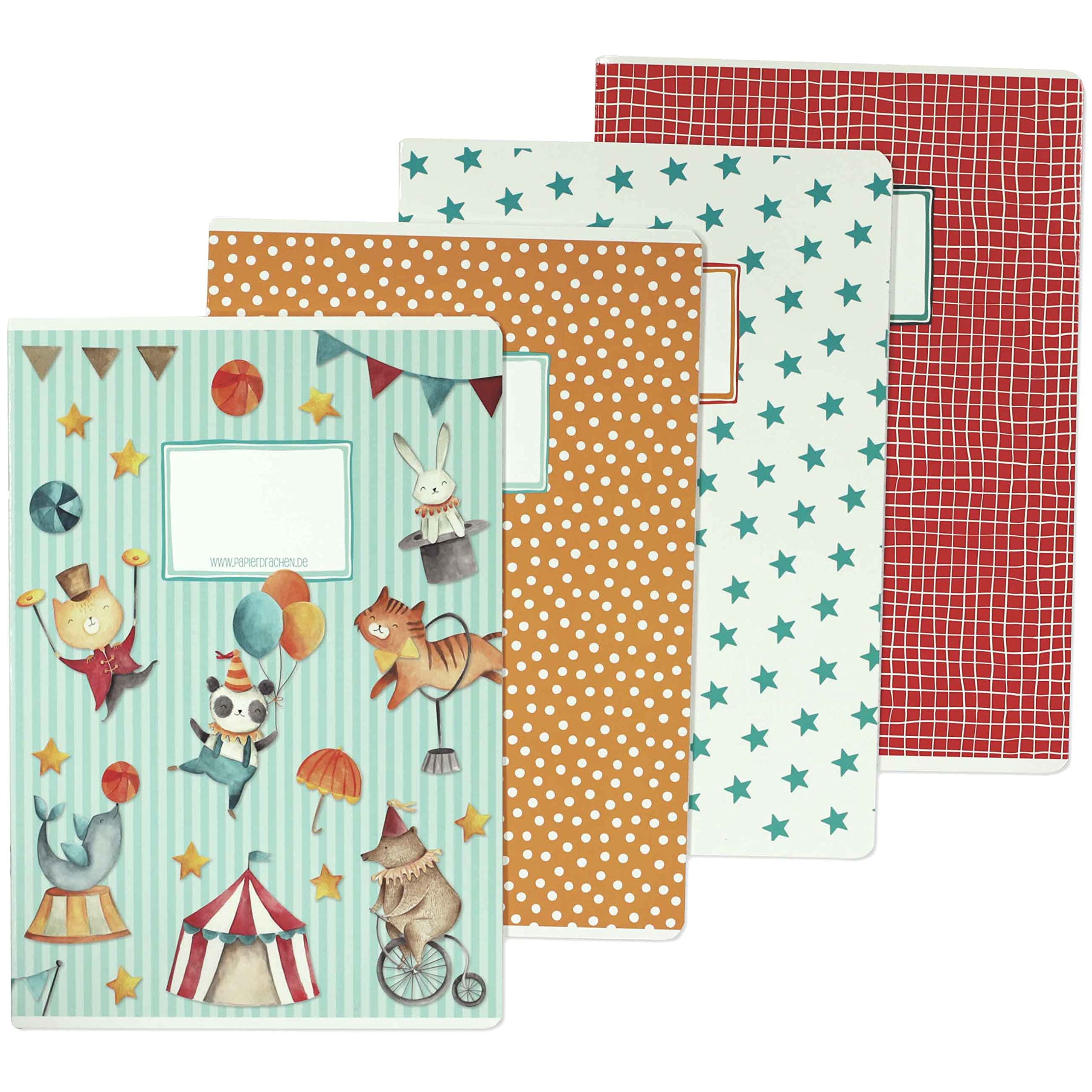 Papierdrachen 4 exercise books for children DIN A4 | lined and squared 32 pages - circus design - for the start of school for primary school pupils - set number 3-16 sheets