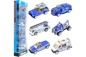 BenRich 6Pcs Mini Die Cast Car 1/64 Scale Police Vehicles Model Toys - Ladder Truck, Water Tower Truck, Ambulance, Transport Car, Patrol Car - Metal Model Toys for Boys and Girls Birthday Party