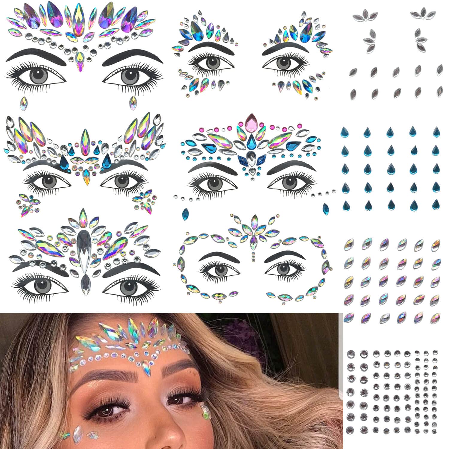 GLARYYEARS Face Gems, 10-Pack Halloween Face Jewels Temporary Tattoo Stickers, Face Jewelry Rhinestones Diamonds Crystals, Rave Accessories for Festival Holiday Costumes & Makeup