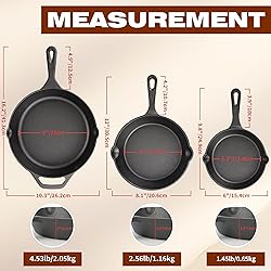 isheTao Cast Iron Skillet 3-Piece Set, Frying