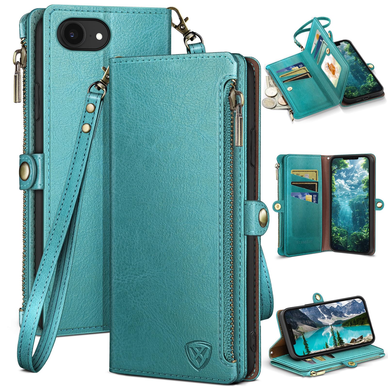 XcaseBar compatible with ‌iPhone 16e 6.1"/17e 6.1" Wallet case with Zipper Credit Card Holder【RFID Blocking】,Flip Folio Book Leather Phone case Shockproof Cover Women Men for Apple 16e case Blue Green
