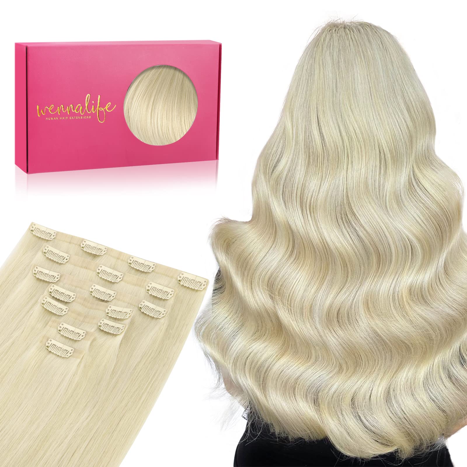 Wennalife Seamless Clip In Hair Extensions - 14 Inch 7pcs 130g Bleach Blonde Real Human Hair - Invisible PU Skin Weft Natural Remy Extensions — image 1
