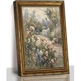 Garden Afternoon Tea Framed Canvas Wall Art, Floral Painting 12x16 In | Romantic garden artwork with a woman enjoying tea among flowers; charming wall decor for the living room or cottage.