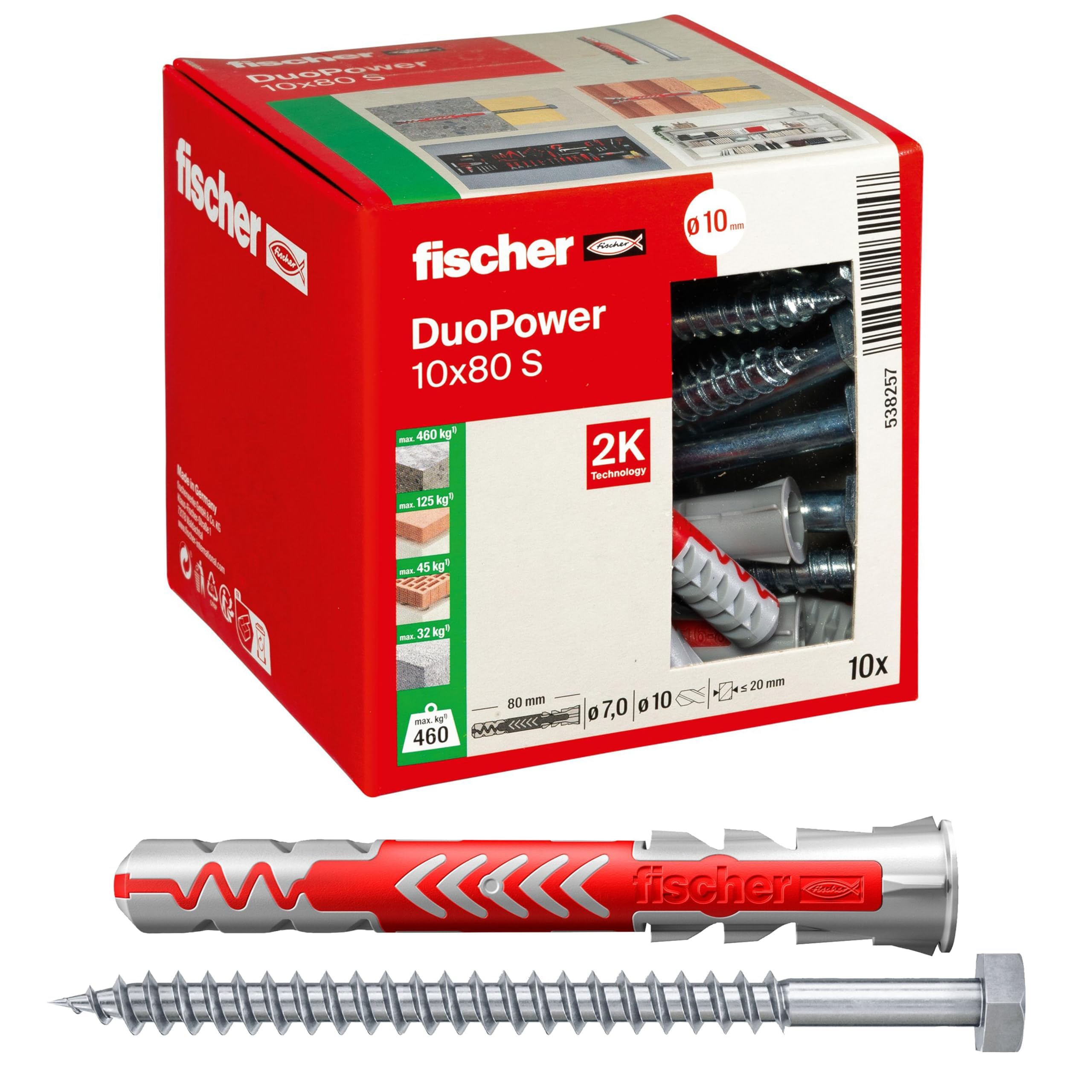 Fischer DuoPower 10 x 80 S, Powerful Universal Plug with Safety Screw, Intelligent 2-Component Technology for fastenings in Concrete, Bricks, Stone, etc., 10 Plugs & 10 Screws โ image 1