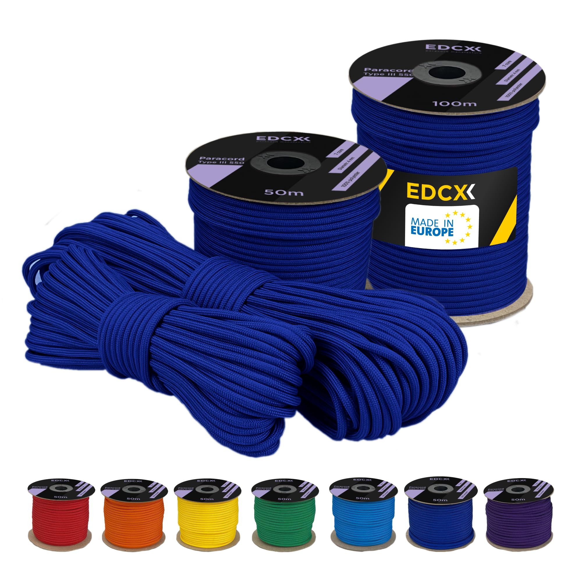 EdcX 4 mm Polyester Paracord 550 (15, 30 and 50 m) – 4 mm Type III, Tear-Resistant Parachute Cord for Survival Made of 100% Polyester with 7 Wires | Solid Colours (Blue, 50 m)
