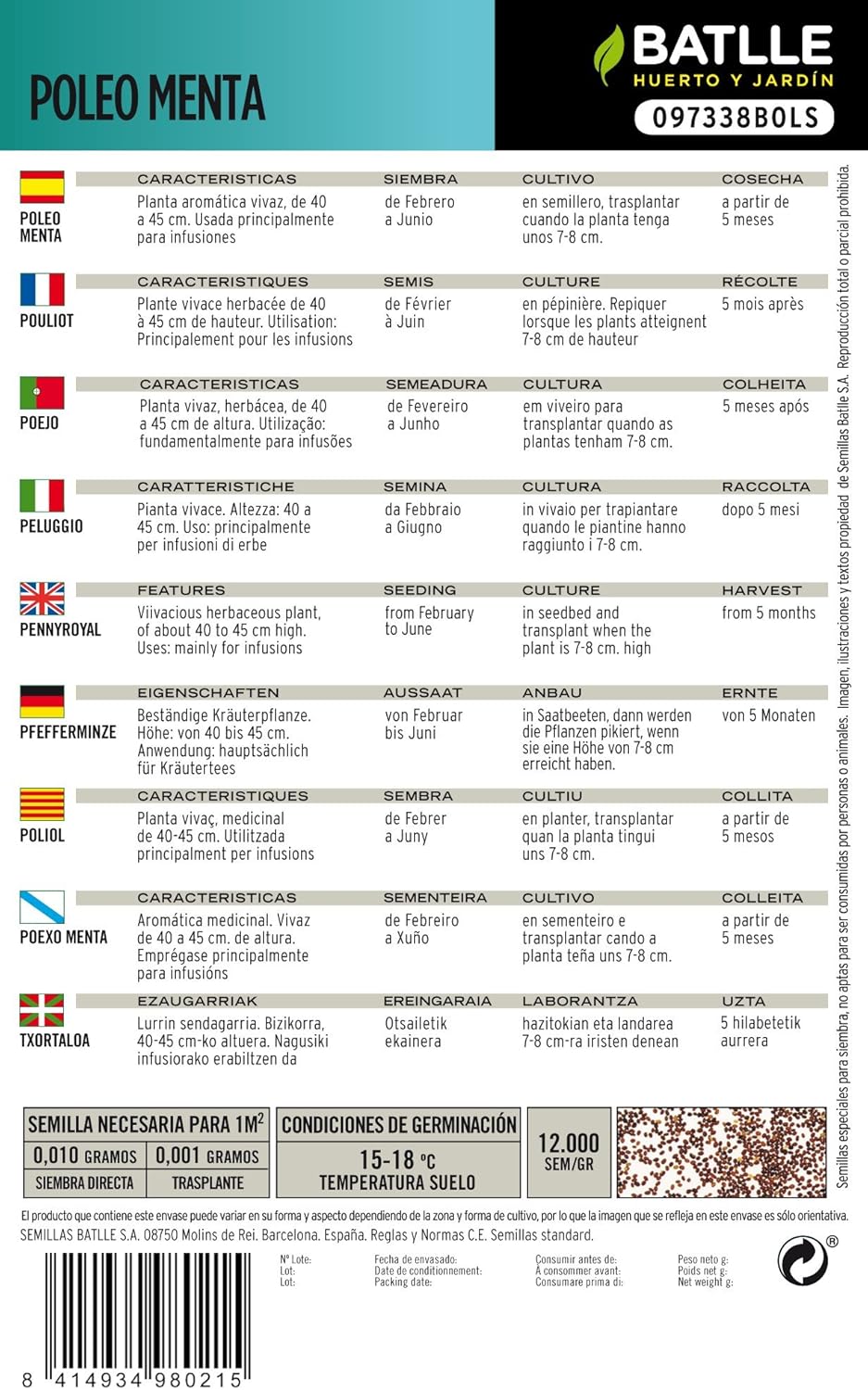Semillas Aromáticas - Poleo Menta - Batlle: Amazon.es: Jardín