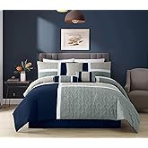Chezmoi Collection Upland 7-Piece Quilted Patchwork Comforter Set, Navy/Blue/Gray, Queen