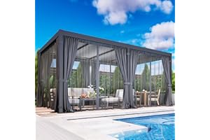 FANSAFURN 12' x 20' Louvered Pergola, Outdoor Pergola with Curtains & Netting, Metal Patio Pergola with Adjustable Louvers Roof and Gutter System, Metal Hardtop Gazebo for Patio, Deck, Garden, Yard, Dark Gray