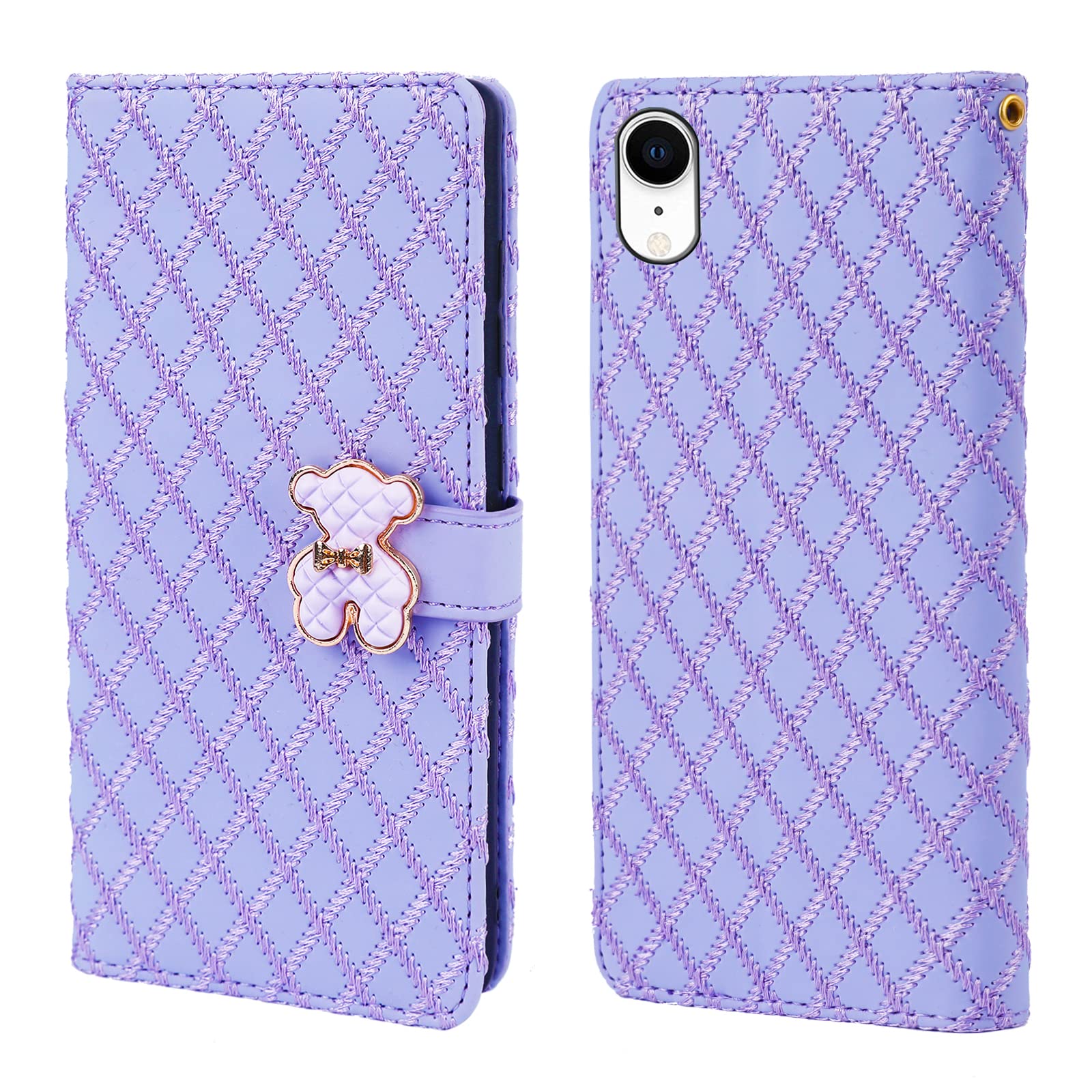 Tiyoo iPhone XR Phone Case with Card Holder, 3D Metal Bear Magnetic Closure, Embroidered Purple Wallet Case for Girls(iPhone XR)