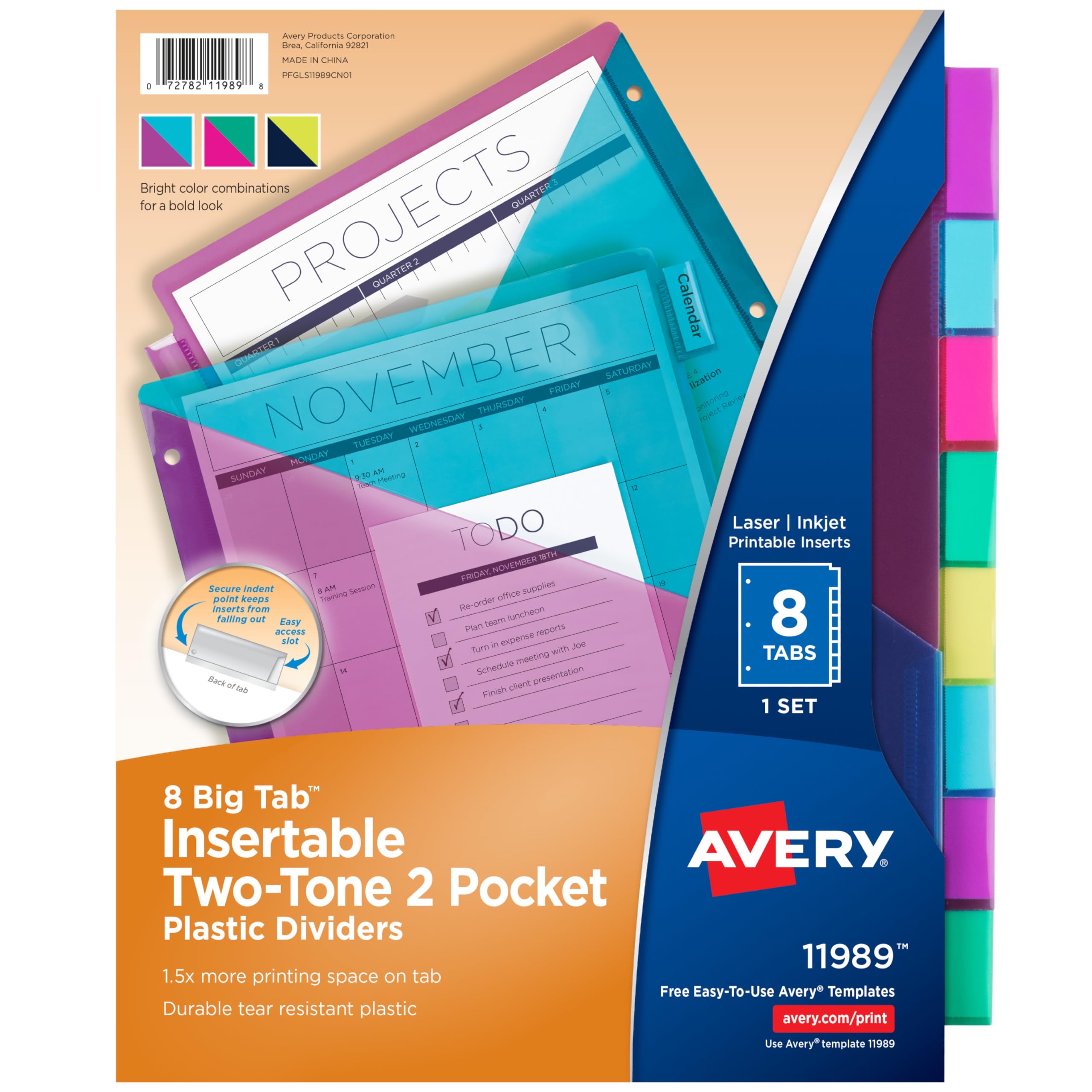 Avery Plastic 8-Tab Two-Tone Binder Dividers with Two Pockets, Insertable Bright Color Big Tabs, 1 Set (11989)