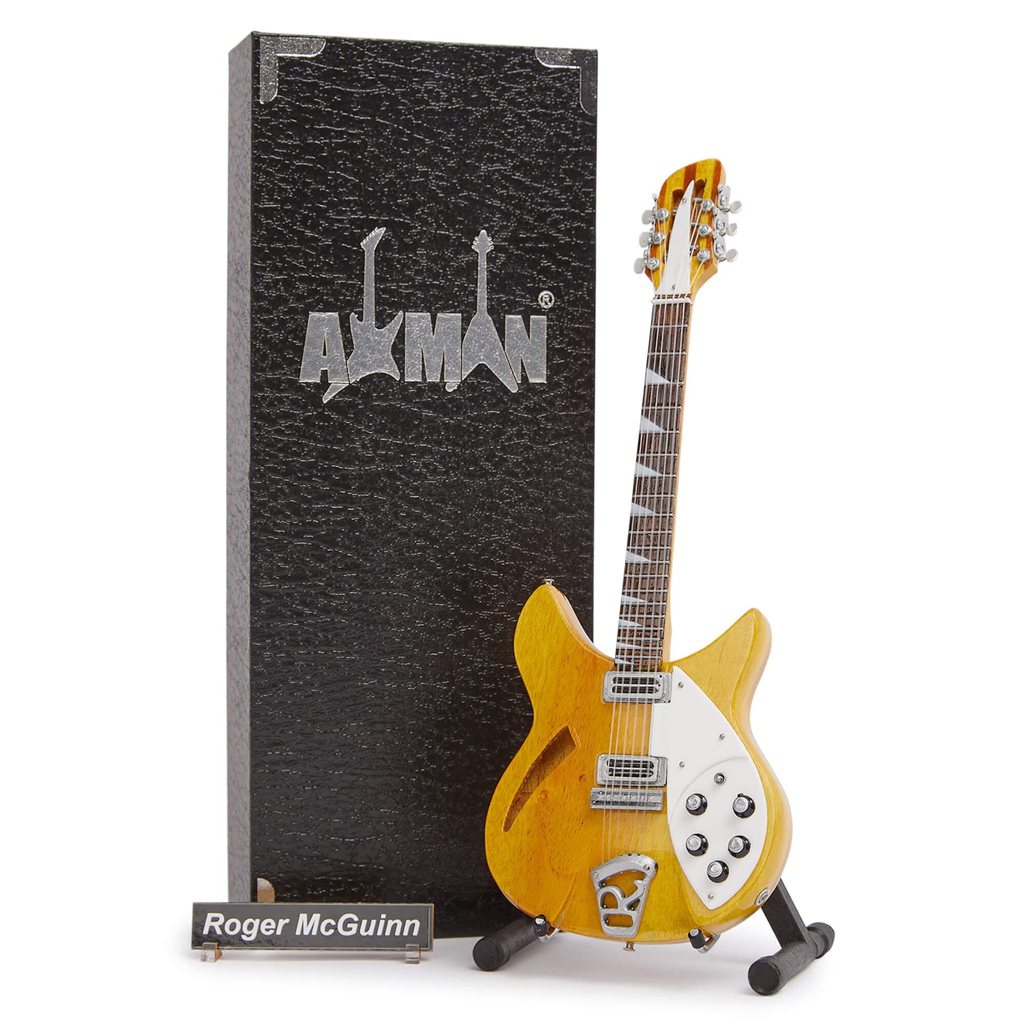 Roger McGuinn (The Byrds) Miniature Guitar Replica - Music Gifts - Handmade Ornamental 1/4 Scale - Includes a Display Box, Name Tag and Miniature Guitar Stand