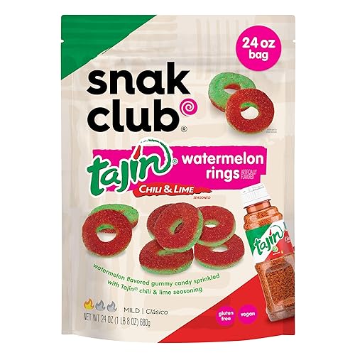 Snak Club Tajin Watermelon Rings Gummy Candy, Fruit Candy Gummies with Chili and Lime Seasoning, Mild, Gluten-Free and Vegan Snacks, 24 oz Resealable Bag