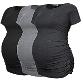 Smallshow Women's Maternity Shirts Ribbed Ruched Pregnancy Clothes Tops 3 Packs