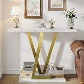 43.3" Gold Console Table, Modern Entryway Table with White Faux Marble Top &amp; Metal Base, Narrow Sofa Table for Living Room, Hallway, Foyer
