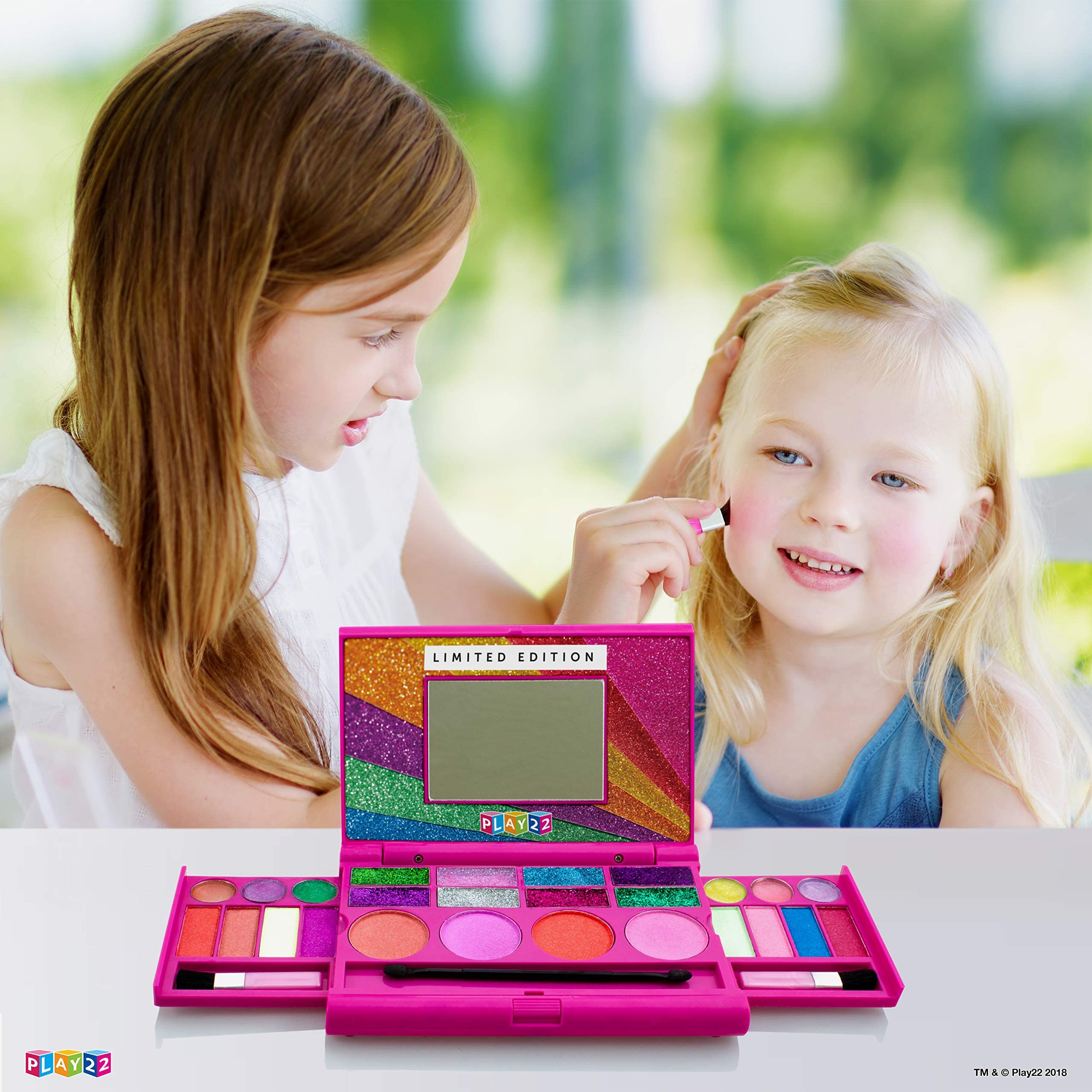 Play22 Real Washable Kids Makeup Palette For Girl - My First Princess Make Up Set Include 4 Blushes, 8 Eyeshadows, 6 Lip Glosses, 8 Glitter Glaze, Mirror, Brushes, Eyeshadow Wand - Best Gift