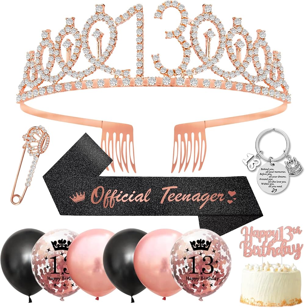 SWPEED 13th Birthday Gift Set Girls Sash Tiara Balloons Cake Topper Keyring Teen