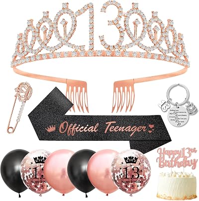 SWPEED 13th Birthday Gift Set Girls Sash Tiara Balloons Cake Topper Keyring Teen