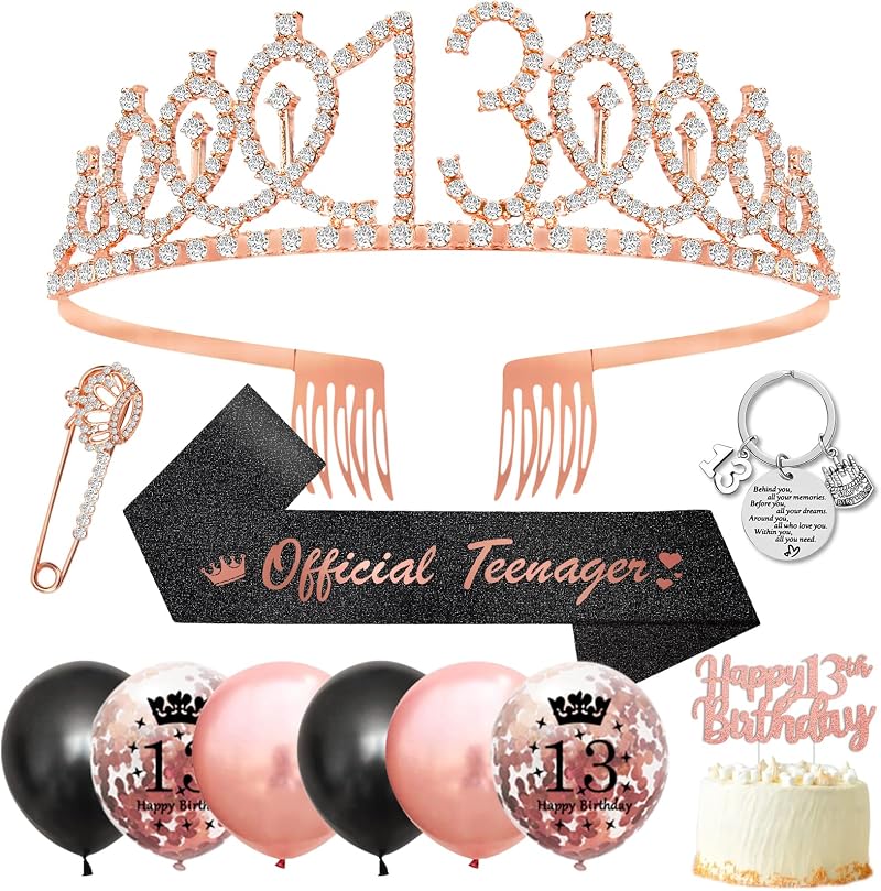 SWPEED 13th Birthday Gift Set Girls Sash Tiara Balloons Cake Topper Keyring Teen