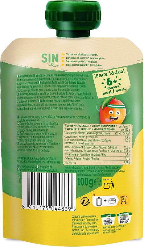 Hero - sachês de frutas tropicais, sem conservantes ou corantes, óleo de palma, glúten ou açúcares adicionados, para bebês a partir dos 12 meses - embalagem de 18 x 100 g