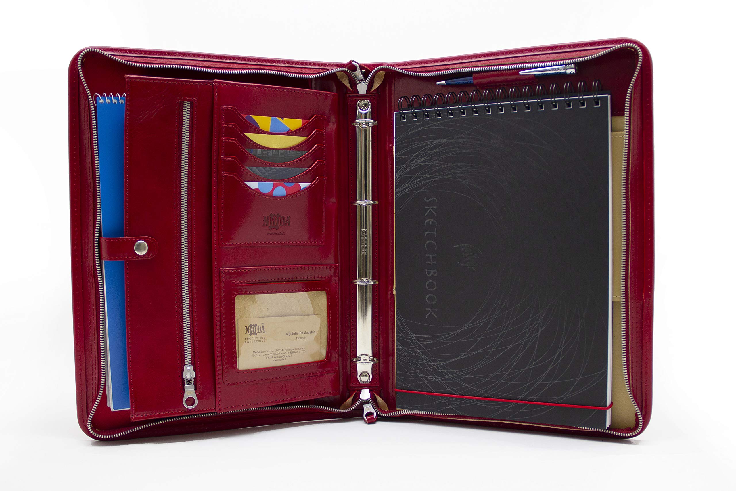 Italian Leather Portfolio, Zipped A4 Folder, Padfolio 4 Ring Binder, Leather Folio with Handle (Red)