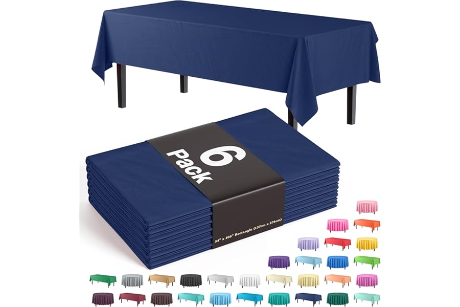 Exquisite Party Solids 6-Pack Premium Plastic Tablecloth 54in. x 108in. Rectangle Plastic Table Cover - Navy Book