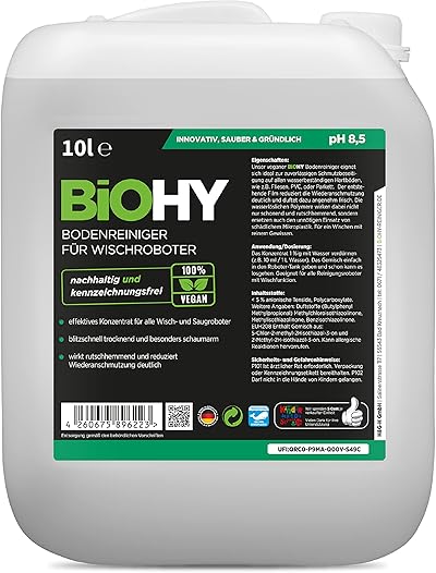BiOHY Bodenreiniger für Wischroboter (10 Liter Kanister) | Reinigungsmittel Konzentrat für alle Wisch & Saugroboter mit Nass-Funktion | Schaumarm & Streifenfrei | Für alle Böden