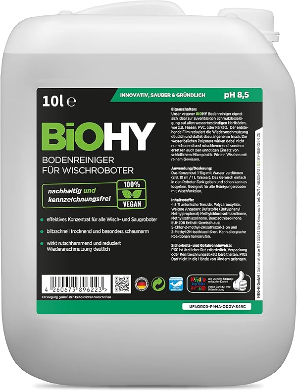 BiOHY Bodenreiniger für Wischroboter (10 Liter Kanister) | Reinigungsmittel Konzentrat für alle Wisch & Saugroboter mit Nass-Funktion | Schaumarm & Streifenfrei | Für alle Böden