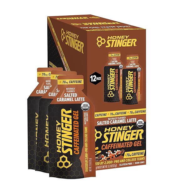 HONEY STINGER ORGANIC SALTED CARAMEL ENERGY GEL, CAFFEINATED & GLUTEN FREE, FOR EXERCISE, RUNNING AND PERFORMANCE, SPORTS NUTRITION FOR HOME & GYM, PRE AND MID WORKOUT, 12 PACK, 13.2 OUNCE