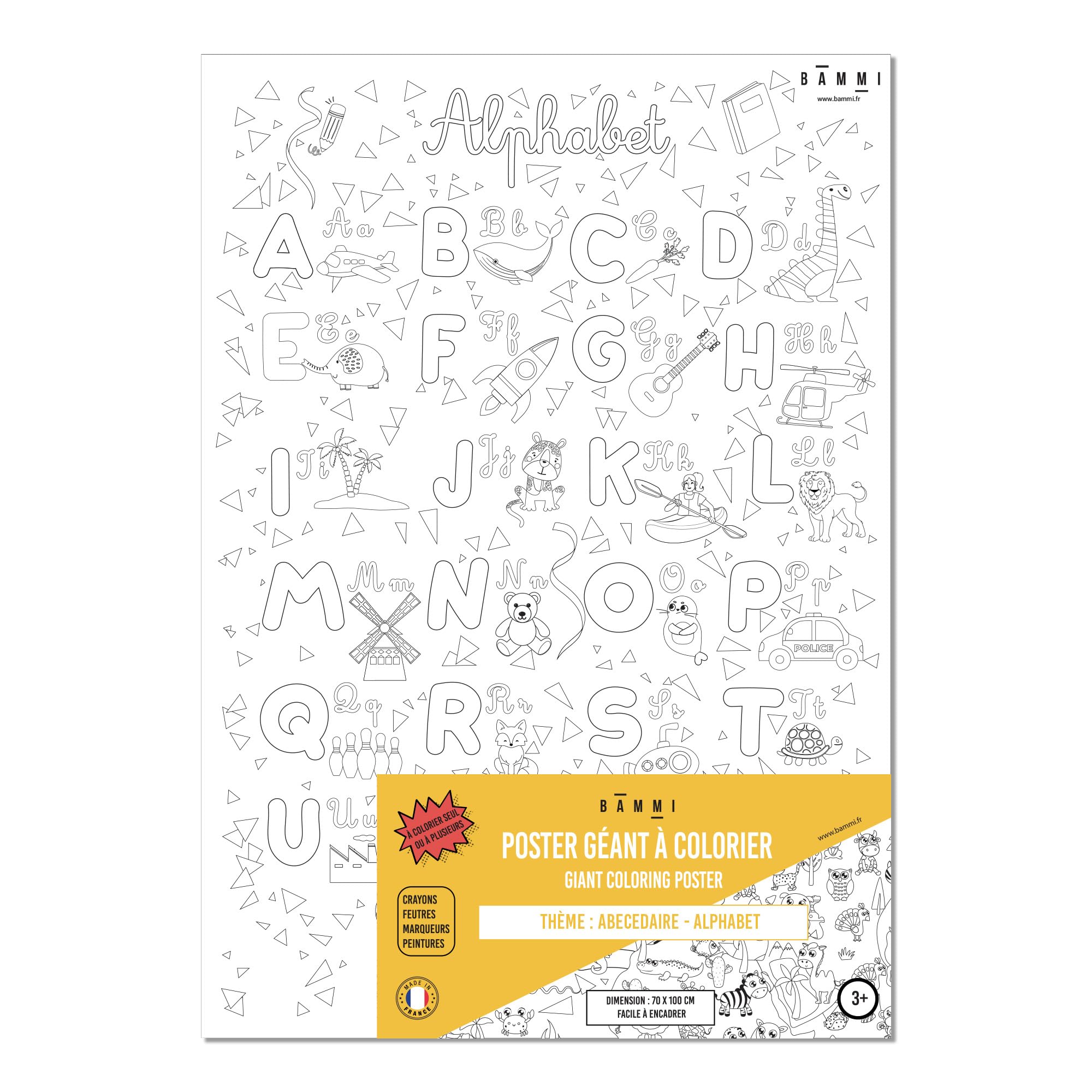 BAMMI Giant Poster to Colour – ABC Alphabet – 70 cm x 100 cm – Premium Quality Paper 150g/m2 – Made in France