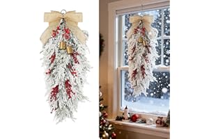 DAMSICO 31" Christmas Teardrop Swags, Artificial Christmas Snow Teardrop Swag with Red Berries, Golden Bell, Frosted Foliage, Winter Teardrop Swag Wreath for Decorating Front Door (Winter Wonderland Style)