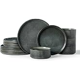 Famiware Star Stoneware Dinnerware Set, Reactive Glaze Plates &amp; Bowls for 4 | 12-Piece Handmade Ribbed Dishes, Chip &amp; Scratch Resistant Ceramic. Microwave &amp; Dishwasher Safe, Rustic Modern, Deep Forest