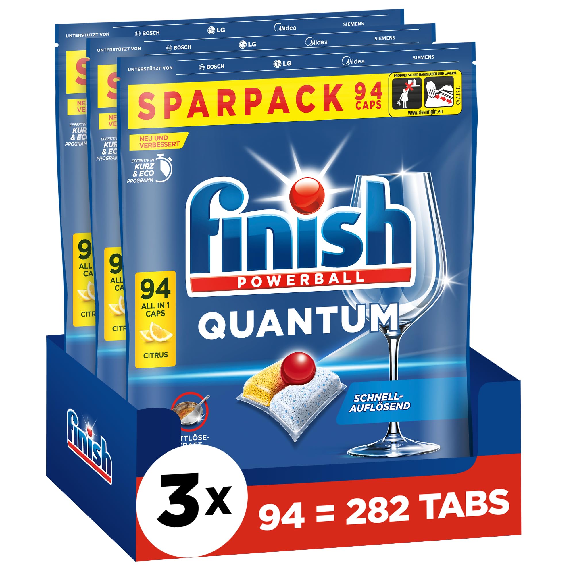 Finish Quantum Citrus Spülmaschinentabs - Geschirrspültabs für kraftvolle Reinigung, Fettlösekraft und Glanz - Sparpack mit 282 Tabs (3 x 94 Tabs)