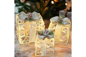 PEIDUO Outdoor Christmas Decorations, Set of 3 Christmas Lighted Gift Boxes, Under The Xmas Tree Presents for Indoor Outside Yard Holiday Party and Home Decor