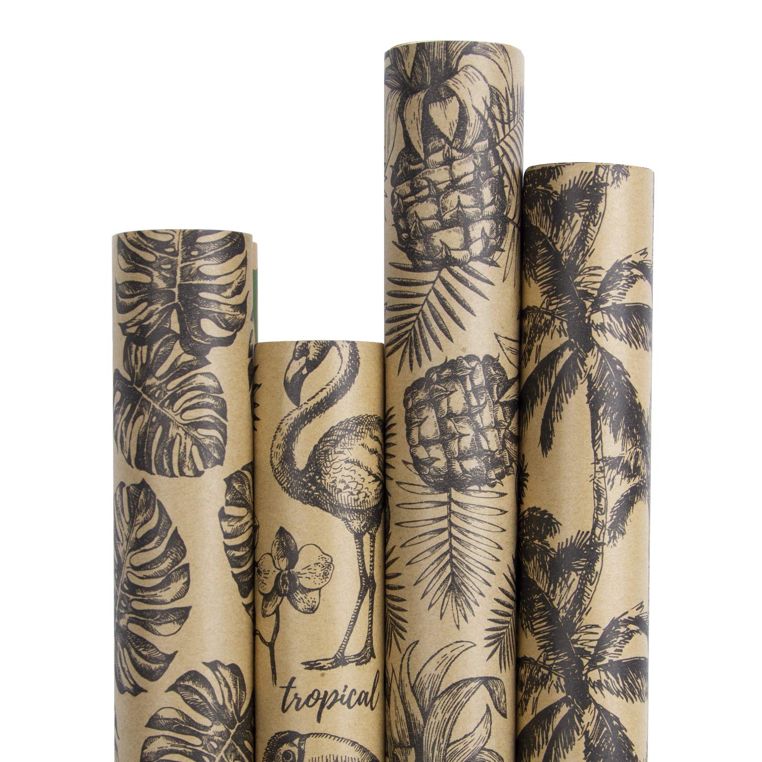 RUSPEPA Kraft Wrapping Paper Roll - Black Tropical Summer Elements Printed Great for Congrats, Holiday and Special Occasion - 4 Roll - 30Inch X 10Feet Per Roll