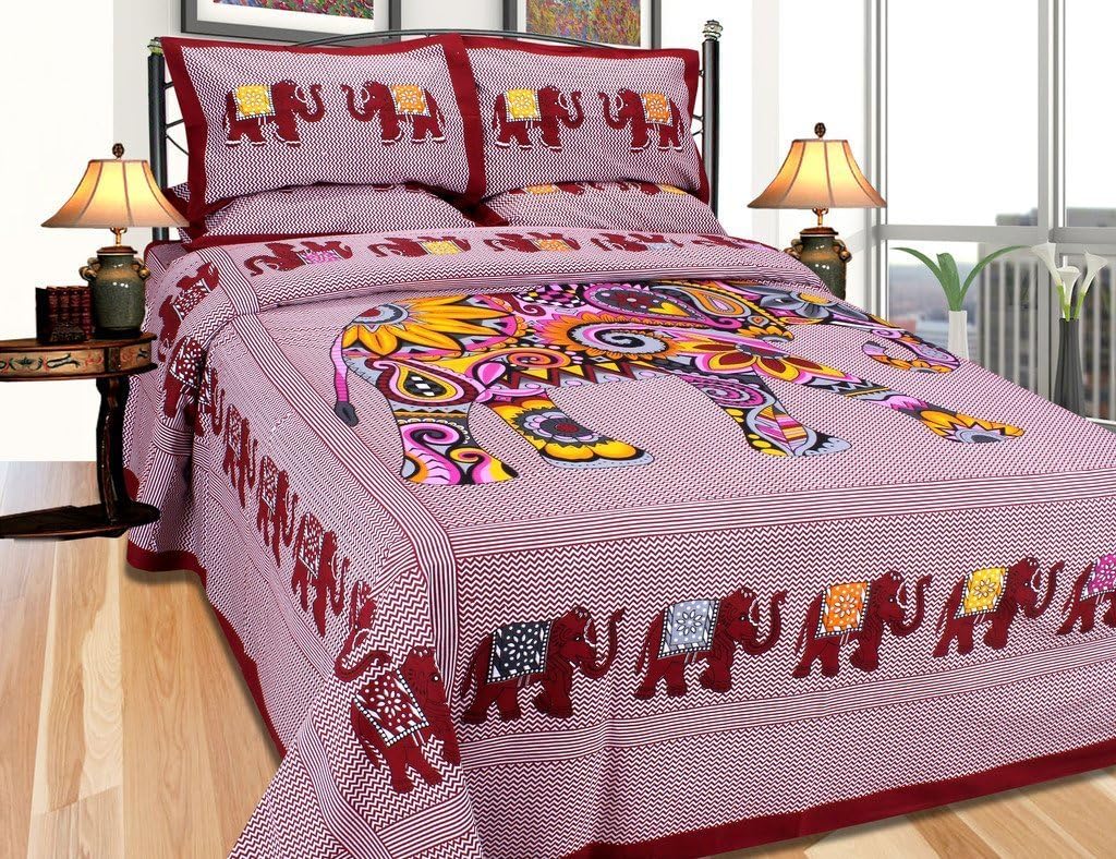 Gemsandcraft King Size Double Bed Sheets Rajasthani Flower Bed Sheets Double Bed Covers Hand Print 100% Cotton Bed Sheets Traditional Jaipuri Bedsheet with Two Pillow Covers Exclusive Code905