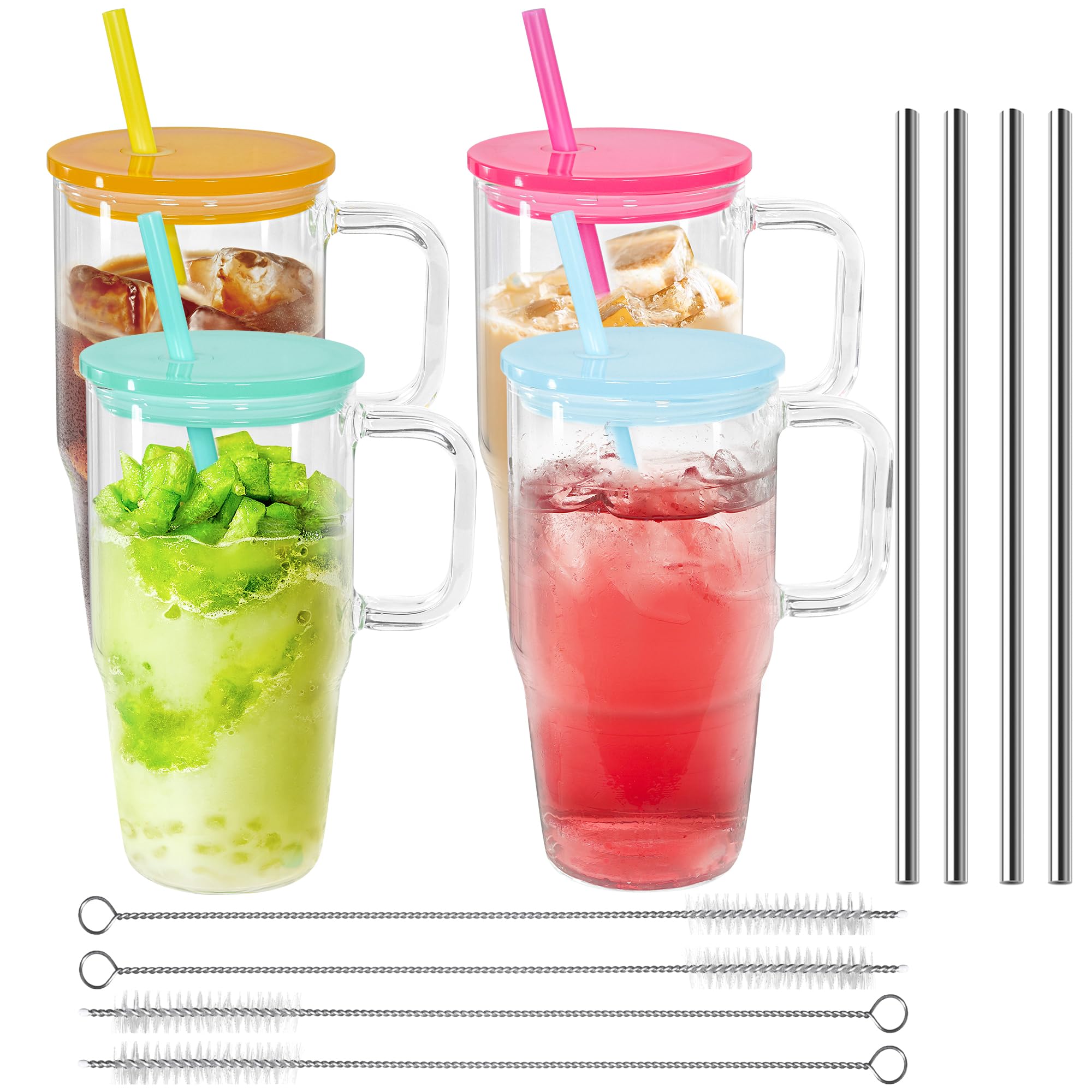 Photo 1 of 4 Pack Glass Cups with Acrylic Lids and Straws-20oz Tumbler With Handle,Wide Mouth Reusable Drinking Glasses,Glass Drinking Cups Fits Car Cup Holder, BPA Free, for Iced Coffee,Smoothies,Beer,Juice