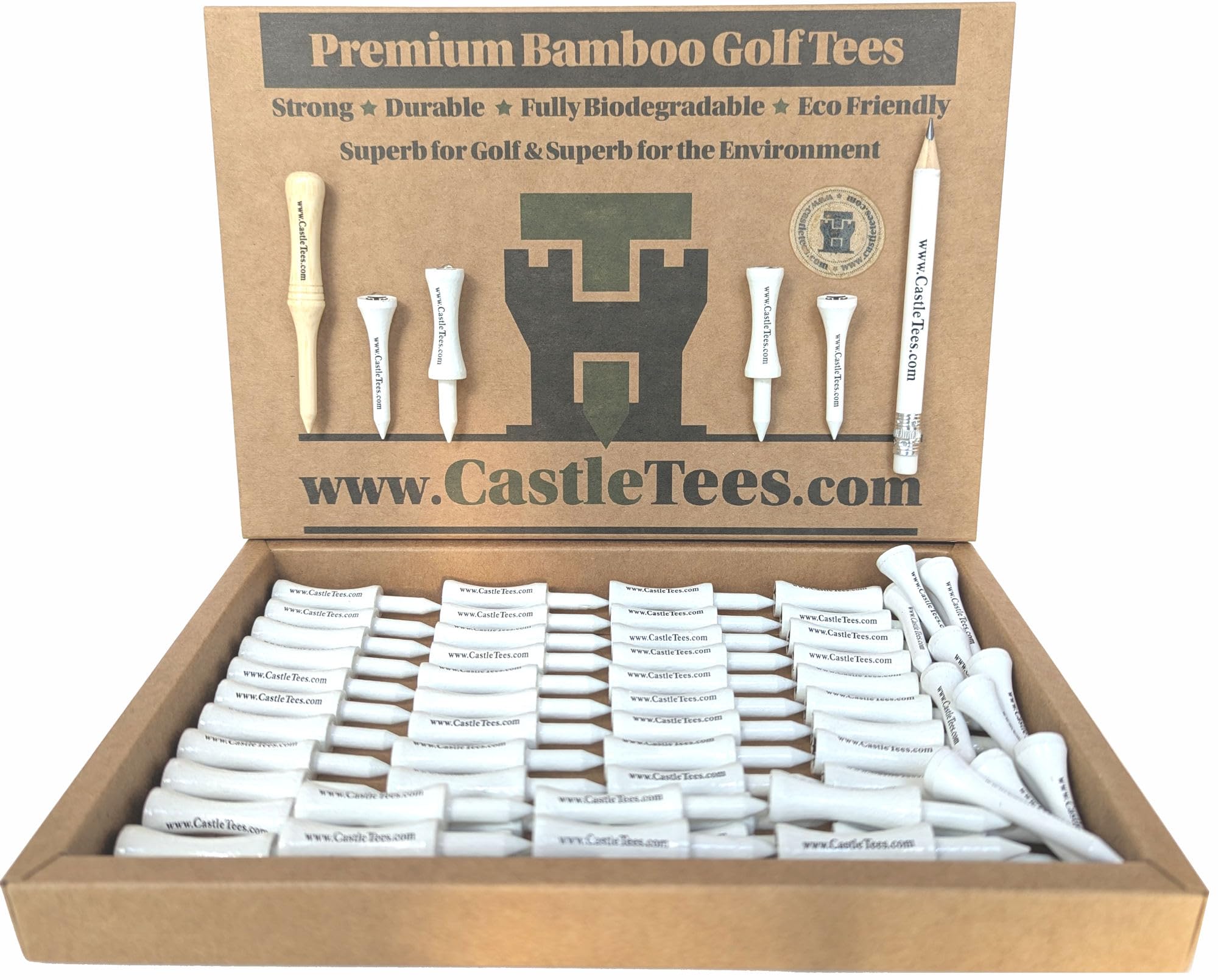 Castle Tees White 50 x 51mm 2 inch White Premium Bamboo Golf Tees Free Pitch Repair Tool, Ball Marker & Pencil. Twice the strength of regular bamboo very strong & durable & a Great Golf Gift.