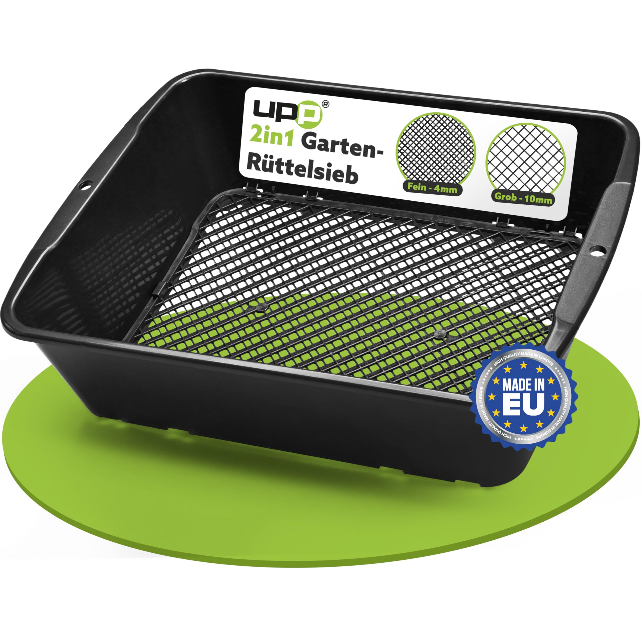 UPP 2 in 1 Garden Sieve I Interchangeable Mesh Size of 10 mm or 4 mm I Gardening Sieve I Ideal for Soil, Vegetables, Potting Soil I 39,5 x 29 x 11 cm I Black (Sieve)