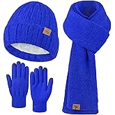 Winter Beanie Hat Scarf Gloves, Warm Fleece Knit Hat Long Scarf Neck Warmer Touch Screen Winter Gloves Set Gifts for Women