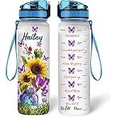 Hyturtle Personalized Butterfly Water Bottle - 32oz Motivational Water Bottle with Time Marker & Leak-Proof Lid - Custom Name Gift for Women, Girls, Butterfly & Sunflower Lovers On Birthday Christmas