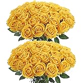 Cloudecor 50Pcs Yellow Roses Artificial Flowers Fake Roses Faux Velvet Silk Flower for Home Wedding Decoration (Pearl Rose, Yellow)