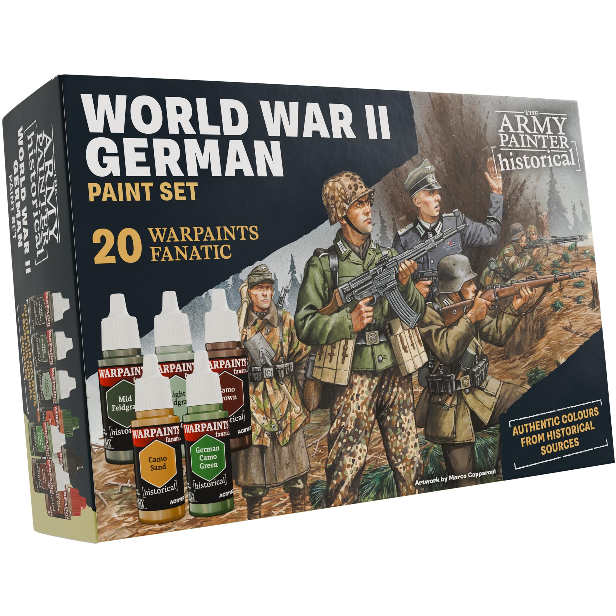 The Army Painter, Historical: WWII German Paint Set, 20 x 18 ml Warpaints Fanatic: 14 acrylic, 4 Washes, 1 Effect & 1 Metallic - Miniature Paint to recreate the Blitzkrieg