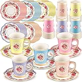 Domensi 60 Pieces Tea Party Decorations Include 30 Pcs 9 oz Paper Cups with Handle and 30 Pcs Tea Party Paper Plates Disposable Blossom Teacups and Saucers for wedding Favors(Bright Style)