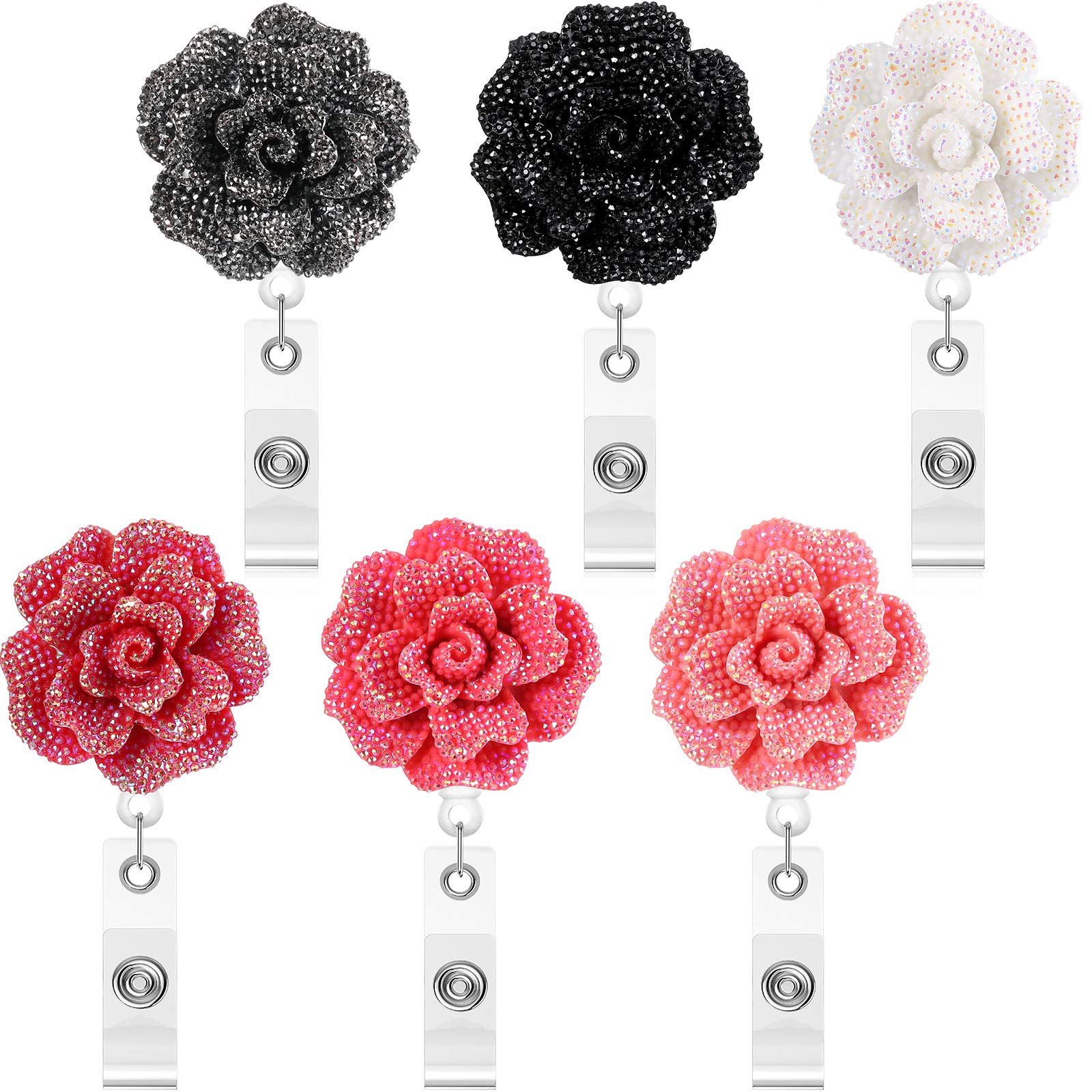 Zonon 6 Pieces 24 Inch Retractable Badge Reels, Glitter ID Badge Holder with 360 Degree Rotatable Alligator Clip, Name Card Clip Reel with Retractable Cord, 6 Colors(Rose)