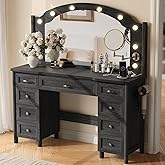 STO'SENSE Vanity Desk with Mirror and Lights, Makeup Vanity Table with 9 Drawers, Magnifying Mirror &amp; Power Outlet, Large Vintage Dressing Table for Women &amp; Girls Bedroom (Black)